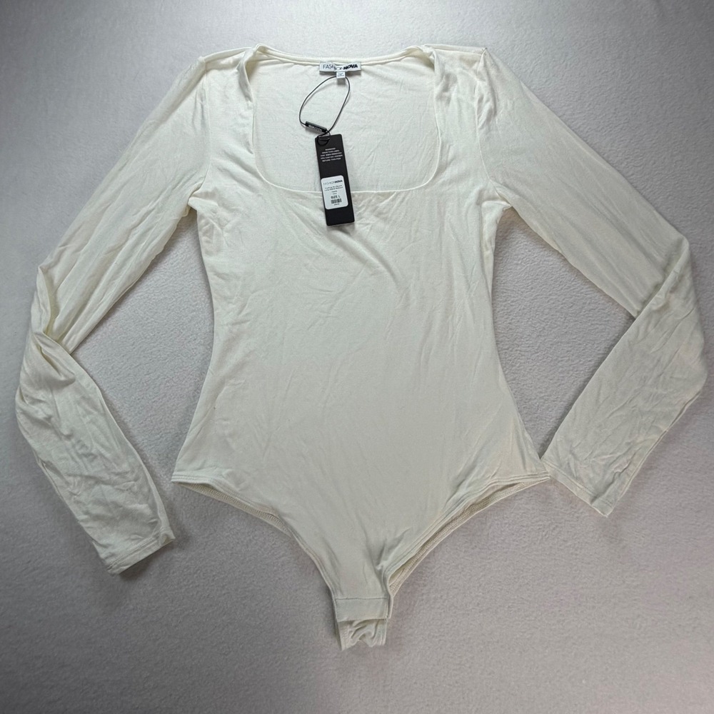 Fashion Nova Anything But Square Long Sleeve‎ Bodysuit Ivory Women's Large NWT